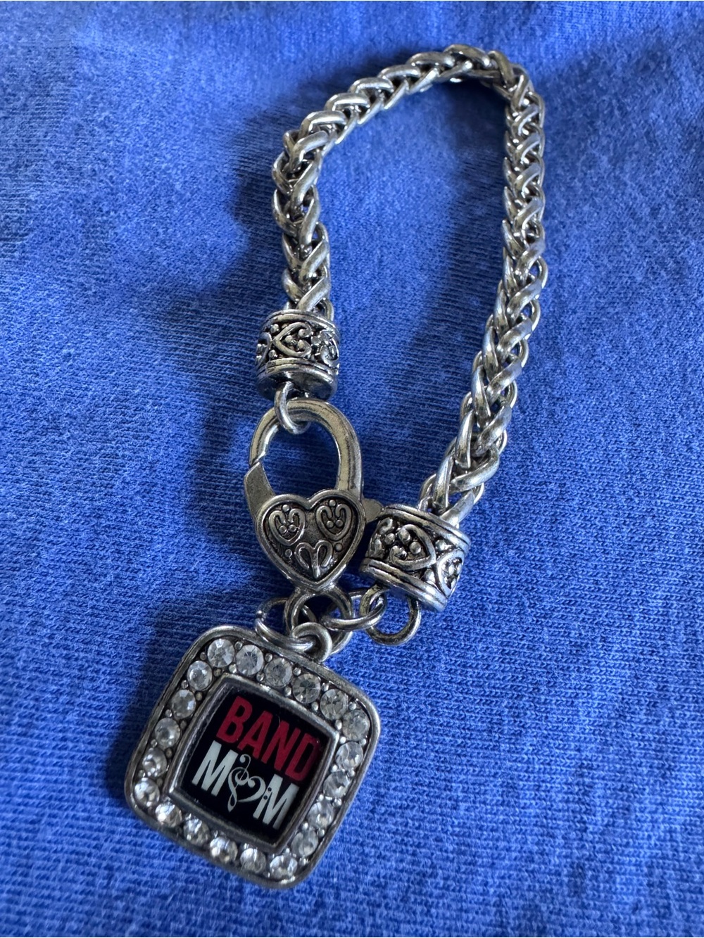 Silver-Tone Bracelet with Square “Band Mom” Rhinestone Charm